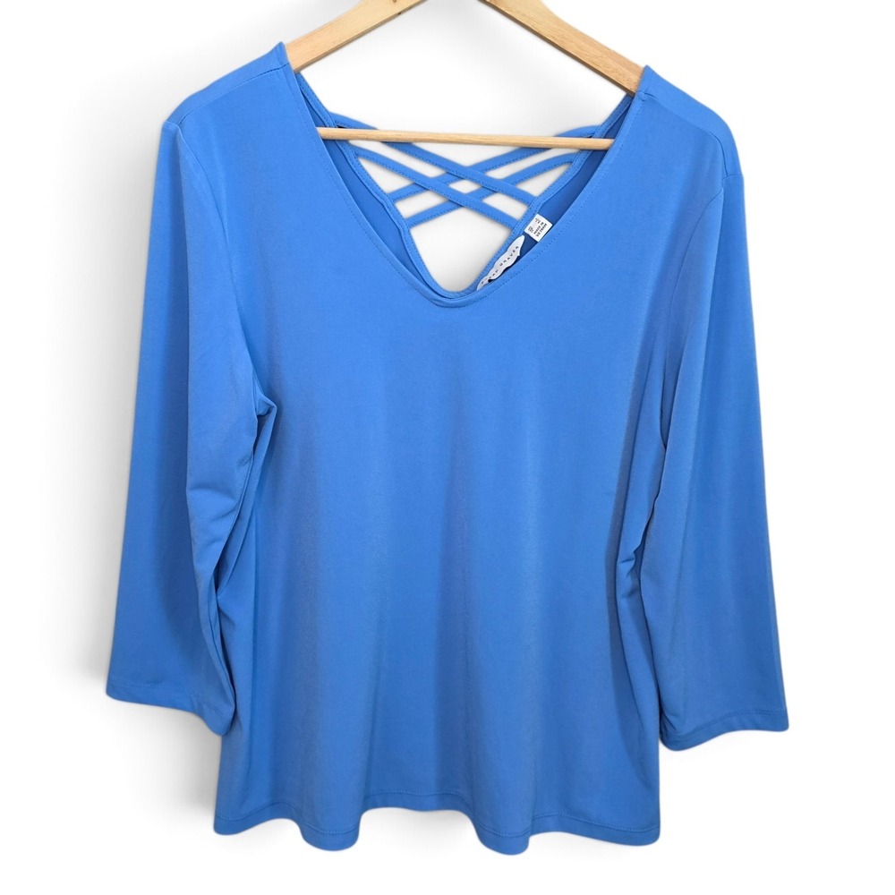 Susan Graver Blouse Womens L Blue Criss Cross Strappy Neckline Liquid Knit Top